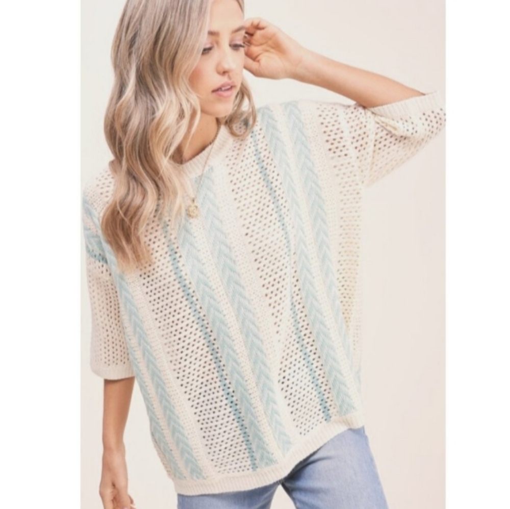 La Miel Coastal Knit Sweater Cream Blue Striped Oversized Lightweight Short Slee - Picture 6 of 8